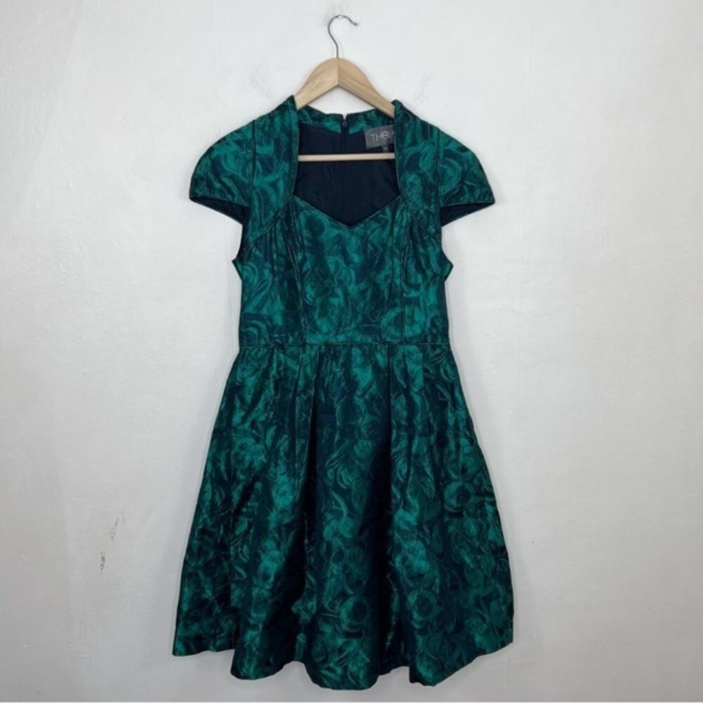 Theia Teal and Dark Green Floral Fit-and-Flare Dress in Silk